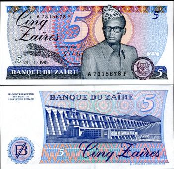ZAIRE 5 ZAIRES 1985 P 26 UNC