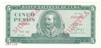Cuba 5 Pesos 1988 UNC P. 103 Muestra