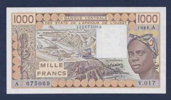 Western African States Ivory Coast (Ακτή Ελεφαντοστούν) 1000 Francs 1988 UNC