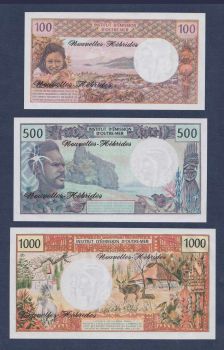 NEW HEBRIDES SET 100-500-1000 Francs 1977 UNC