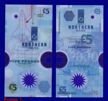 NORTHERN IRELAND 5 POUNDS P203 2000 POLYMER COMMEMORATIVE SPACE SHUTTLE UNC