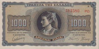 Greece- 1000 Drachmas 1942 Unc
