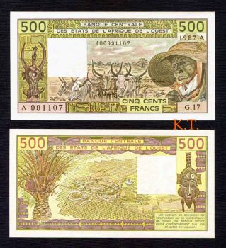 IVORY COAST (WEST. AFRICAN STATES)  500 Francs 1987 P-106A, UNC