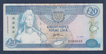 CYPRUS 20 POUNDS 1-3-1993 No595635