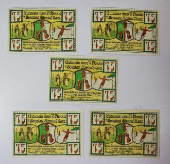 GERMANY SET 5 x 75 PFENNIG  1-11-1921 NOTGELD