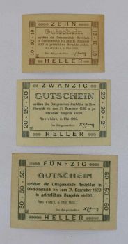 AUSTRIA SET 3 NOTGELD 10-20-50 HELLER 1920