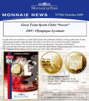 FRANCE. Blister 1,5 Euro BU 2009 Football Club Olympique Lyonnais - RARE ! Free shipping E.U.