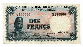 BELGIAN CONGO 10 FRANCS 01-8-1956 P30 VFplus