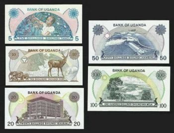 SET Uganda, 5-10-20-50-100 shillings, ND (1973), P-5-6-7-8-9 UNC  Idi Amin