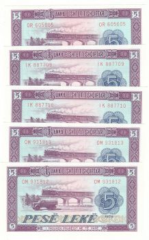 ALBANIA 5 LEKE 1976.UNC 5 PCS (P.42)