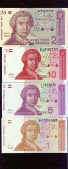 Croatia 1991 * 1/5/10/25 Dinars * Banknote set UNC