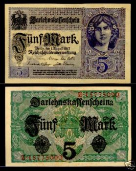 GERMANY 5 MARK 1.8.1917 P-56 UNC.